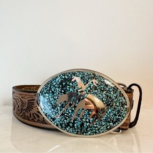 VINTAGE CHAMBERS Tooled Leather Turquoise Silver Buckle south Western Aztec Belt